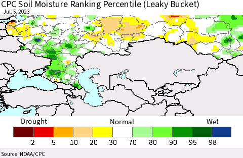 Russian Federation CPC Soil Moisture Ranking Percentile (Leaky Bucket) Thematic Map For 7/1/2023 - 7/5/2023