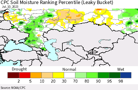 Russian Federation CPC Soil Moisture Ranking Percentile (Leaky Bucket) Thematic Map For 7/6/2023 - 7/10/2023