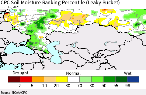 Russian Federation CPC Soil Moisture Ranking Percentile (Leaky Bucket) Thematic Map For 7/11/2023 - 7/15/2023