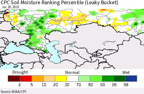Russian Federation CPC Soil Moisture Ranking Percentile (Leaky Bucket) Thematic Map For 7/16/2023 - 7/20/2023