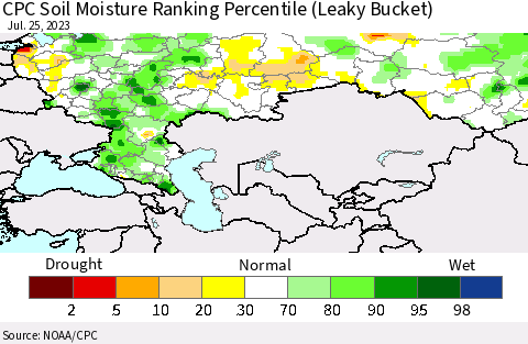 Russian Federation CPC Soil Moisture Ranking Percentile (Leaky Bucket) Thematic Map For 7/21/2023 - 7/25/2023