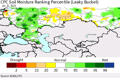 Russian Federation CPC Soil Moisture Ranking Percentile (Leaky Bucket) Thematic Map For 7/26/2023 - 7/31/2023