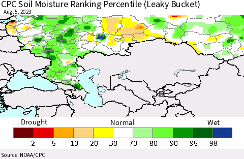 Russian Federation CPC Soil Moisture Ranking Percentile (Leaky Bucket) Thematic Map For 8/1/2023 - 8/5/2023