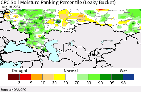 Russian Federation CPC Soil Moisture Ranking Percentile (Leaky Bucket) Thematic Map For 8/6/2023 - 8/10/2023