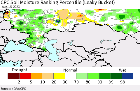 Russian Federation CPC Soil Moisture Ranking Percentile (Leaky Bucket) Thematic Map For 8/11/2023 - 8/15/2023