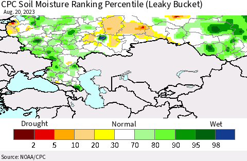 Russian Federation CPC Soil Moisture Ranking Percentile (Leaky Bucket) Thematic Map For 8/16/2023 - 8/20/2023
