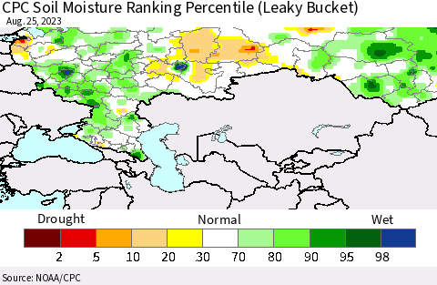 Russian Federation CPC Soil Moisture Ranking Percentile (Leaky Bucket) Thematic Map For 8/21/2023 - 8/25/2023