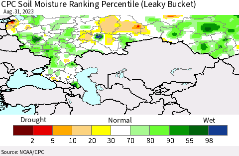 Russian Federation CPC Soil Moisture Ranking Percentile (Leaky Bucket) Thematic Map For 8/26/2023 - 8/31/2023