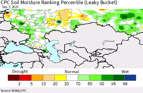 Russian Federation CPC Soil Moisture Ranking Percentile (Leaky Bucket) Thematic Map For 9/1/2023 - 9/5/2023
