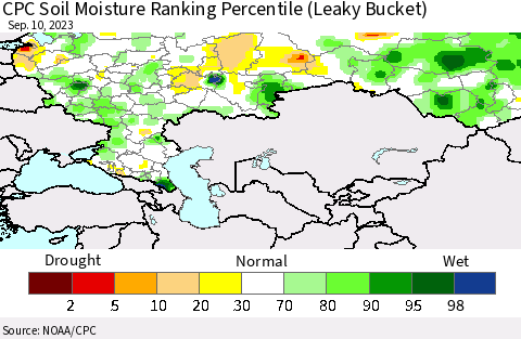 Russian Federation CPC Soil Moisture Ranking Percentile (Leaky Bucket) Thematic Map For 9/6/2023 - 9/10/2023