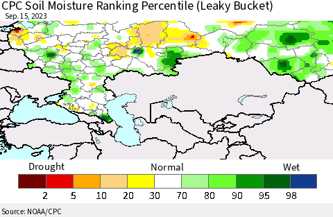 Russian Federation CPC Soil Moisture Ranking Percentile (Leaky Bucket) Thematic Map For 9/11/2023 - 9/15/2023