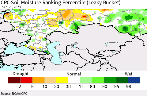 Russian Federation CPC Soil Moisture Ranking Percentile (Leaky Bucket) Thematic Map For 9/21/2023 - 9/25/2023