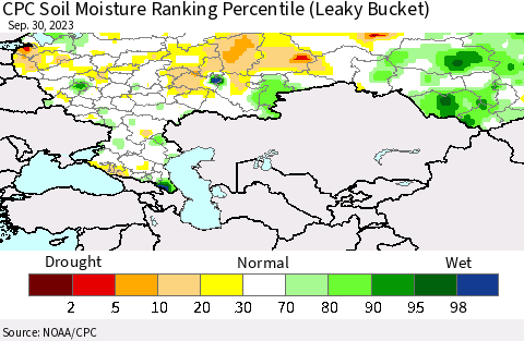 Russian Federation CPC Soil Moisture Ranking Percentile (Leaky Bucket) Thematic Map For 9/26/2023 - 9/30/2023