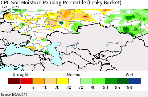 Russian Federation CPC Soil Moisture Ranking Percentile (Leaky Bucket) Thematic Map For 10/1/2023 - 10/5/2023
