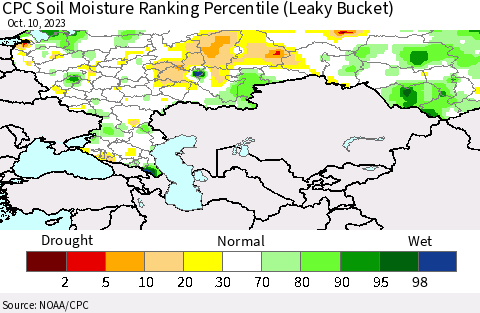 Russian Federation CPC Soil Moisture Ranking Percentile (Leaky Bucket) Thematic Map For 10/6/2023 - 10/10/2023