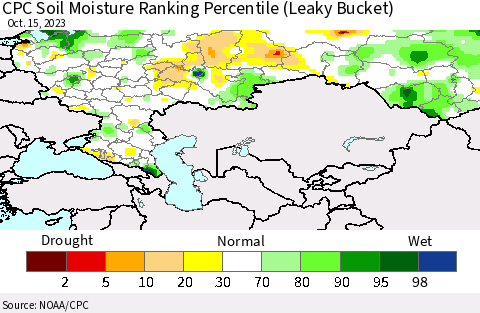Russian Federation CPC Soil Moisture Ranking Percentile (Leaky Bucket) Thematic Map For 10/11/2023 - 10/15/2023