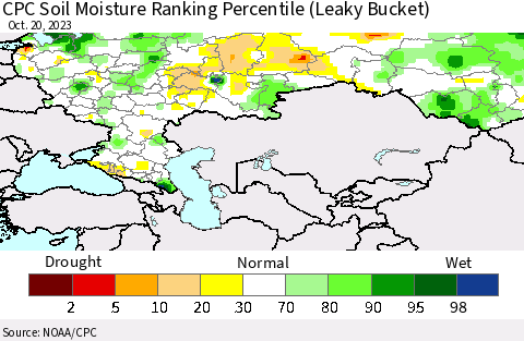 Russian Federation CPC Soil Moisture Ranking Percentile (Leaky Bucket) Thematic Map For 10/16/2023 - 10/20/2023