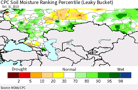 Russian Federation CPC Soil Moisture Ranking Percentile (Leaky Bucket) Thematic Map For 10/26/2023 - 10/31/2023