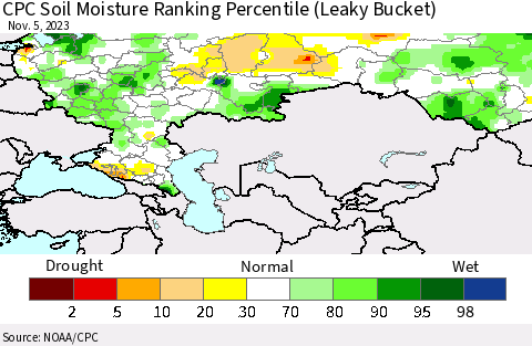 Russian Federation CPC Soil Moisture Ranking Percentile (Leaky Bucket) Thematic Map For 11/1/2023 - 11/5/2023