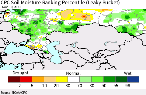Russian Federation CPC Soil Moisture Ranking Percentile (Leaky Bucket) Thematic Map For 11/6/2023 - 11/10/2023