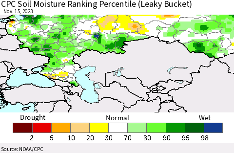 Russian Federation CPC Soil Moisture Ranking Percentile (Leaky Bucket) Thematic Map For 11/11/2023 - 11/15/2023