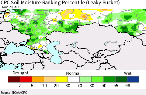 Russian Federation CPC Soil Moisture Ranking Percentile (Leaky Bucket) Thematic Map For 11/16/2023 - 11/20/2023