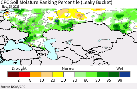 Russian Federation CPC Soil Moisture Ranking Percentile (Leaky Bucket) Thematic Map For 11/21/2023 - 11/25/2023