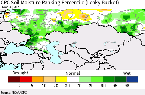 Russian Federation CPC Soil Moisture Ranking Percentile (Leaky Bucket) Thematic Map For 11/26/2023 - 11/30/2023