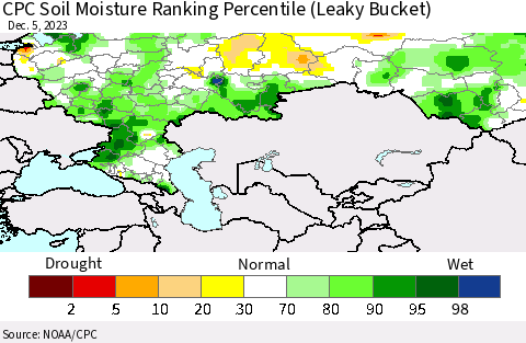 Russian Federation CPC Soil Moisture Ranking Percentile (Leaky Bucket) Thematic Map For 12/1/2023 - 12/5/2023