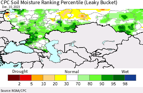 Russian Federation CPC Soil Moisture Ranking Percentile (Leaky Bucket) Thematic Map For 12/6/2023 - 12/10/2023