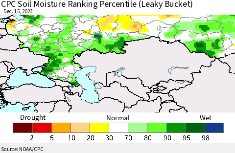 Russian Federation CPC Soil Moisture Ranking Percentile (Leaky Bucket) Thematic Map For 12/11/2023 - 12/15/2023