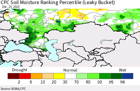 Russian Federation CPC Soil Moisture Ranking Percentile (Leaky Bucket) Thematic Map For 12/21/2023 - 12/25/2023