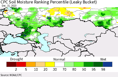 Russian Federation CPC Soil Moisture Ranking Percentile (Leaky Bucket) Thematic Map For 12/26/2023 - 12/31/2023