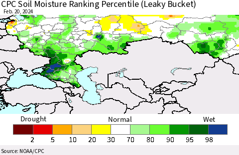 Russian Federation CPC Soil Moisture Ranking Percentile (Leaky Bucket) Thematic Map For 2/16/2024 - 2/20/2024