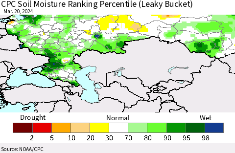 Russian Federation CPC Soil Moisture Ranking Percentile (Leaky Bucket) Thematic Map For 3/16/2024 - 3/20/2024