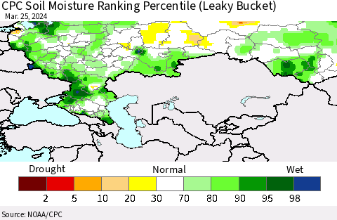 Russian Federation CPC Soil Moisture Ranking Percentile (Leaky Bucket) Thematic Map For 3/21/2024 - 3/25/2024