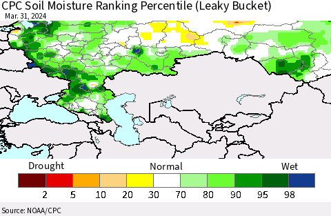 Russian Federation CPC Soil Moisture Ranking Percentile (Leaky Bucket) Thematic Map For 3/26/2024 - 3/31/2024