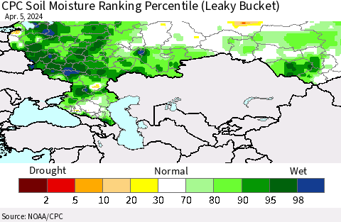 Russian Federation CPC Soil Moisture Ranking Percentile (Leaky Bucket) Thematic Map For 4/1/2024 - 4/5/2024