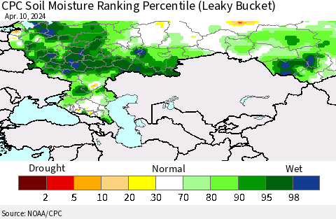 Russian Federation CPC Soil Moisture Ranking Percentile (Leaky Bucket) Thematic Map For 4/6/2024 - 4/10/2024