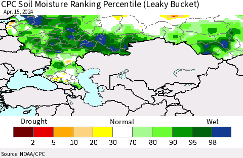 Russian Federation CPC Soil Moisture Ranking Percentile (Leaky Bucket) Thematic Map For 4/11/2024 - 4/15/2024