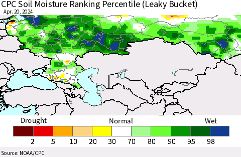 Russian Federation CPC Soil Moisture Ranking Percentile (Leaky Bucket) Thematic Map For 4/16/2024 - 4/20/2024