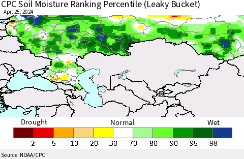 Russian Federation CPC Soil Moisture Ranking Percentile (Leaky Bucket) Thematic Map For 4/21/2024 - 4/25/2024