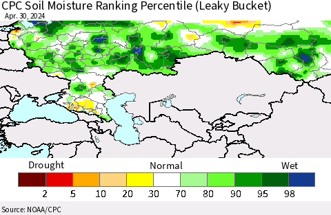 Russian Federation CPC Soil Moisture Ranking Percentile (Leaky Bucket) Thematic Map For 4/26/2024 - 4/30/2024