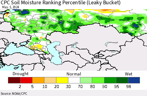 Russian Federation CPC Soil Moisture Ranking Percentile (Leaky Bucket) Thematic Map For 5/1/2024 - 5/5/2024