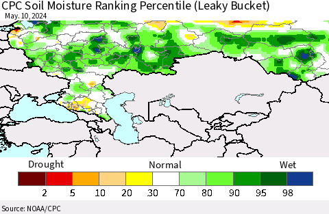 Russian Federation CPC Soil Moisture Ranking Percentile (Leaky Bucket) Thematic Map For 5/6/2024 - 5/10/2024