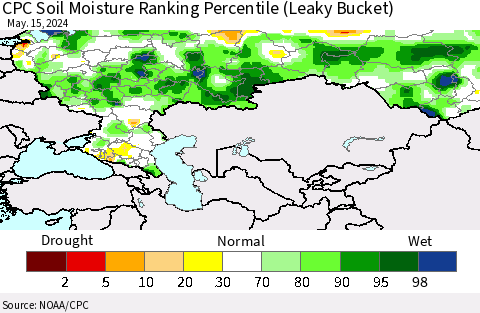Russian Federation CPC Soil Moisture Ranking Percentile (Leaky Bucket) Thematic Map For 5/11/2024 - 5/15/2024