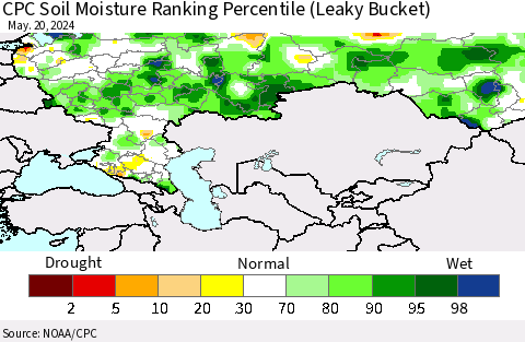 Russian Federation CPC Soil Moisture Ranking Percentile (Leaky Bucket) Thematic Map For 5/16/2024 - 5/20/2024