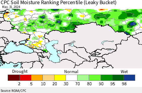 Russian Federation CPC Soil Moisture Ranking Percentile (Leaky Bucket) Thematic Map For 5/26/2024 - 5/31/2024