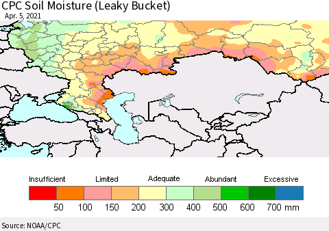 Russian Federation CPC Soil Moisture (Leaky Bucket) Thematic Map For 4/1/2021 - 4/5/2021