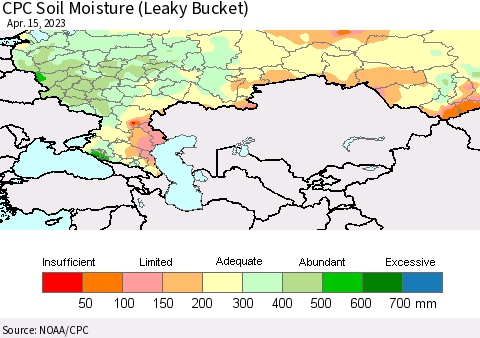 Russian Federation CPC Soil Moisture (Leaky Bucket) Thematic Map For 4/11/2023 - 4/15/2023